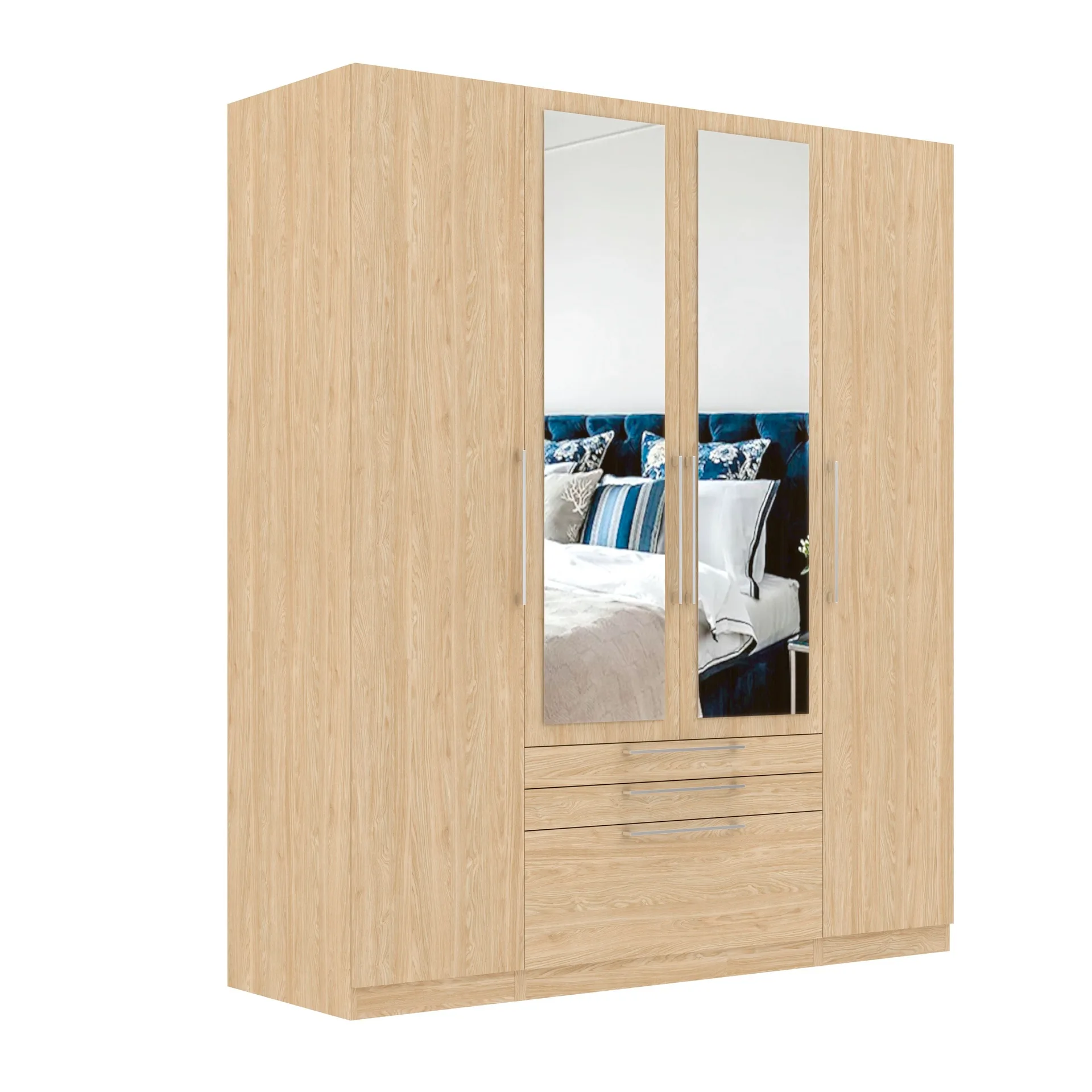 Sorrento Oak 4 Door 2 Mirror Wardrobe with 3 Drawers
