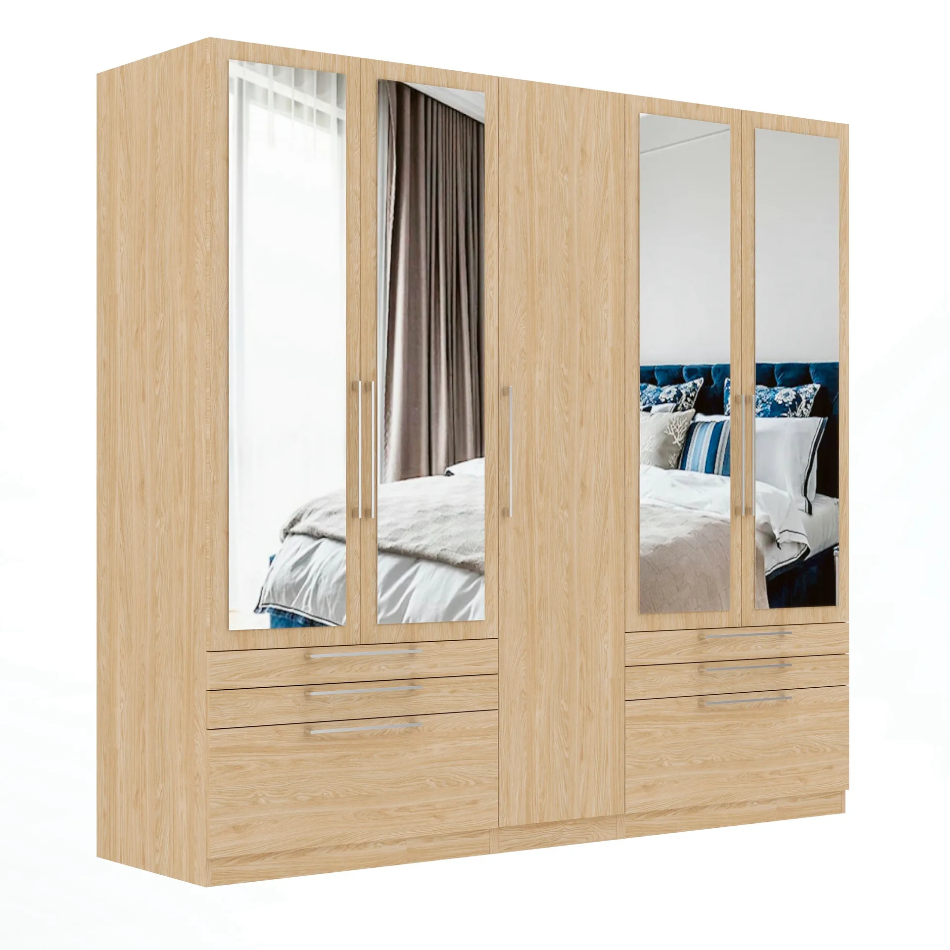 Sorrento Oak 5 Door 4 Mirror Wardrobe with 6 Drawers