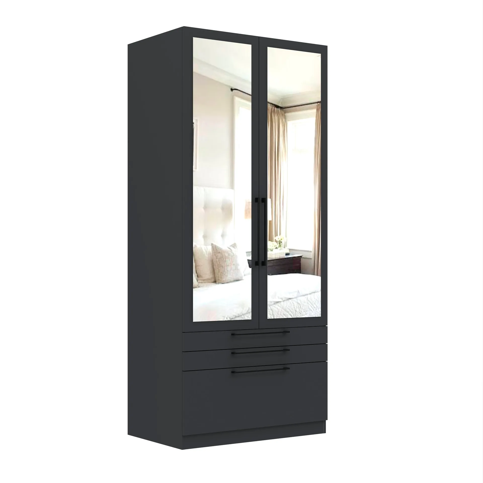 Sorrento Anthracite 2 Door 2 Mirror Wardrobe with 3 Drawers