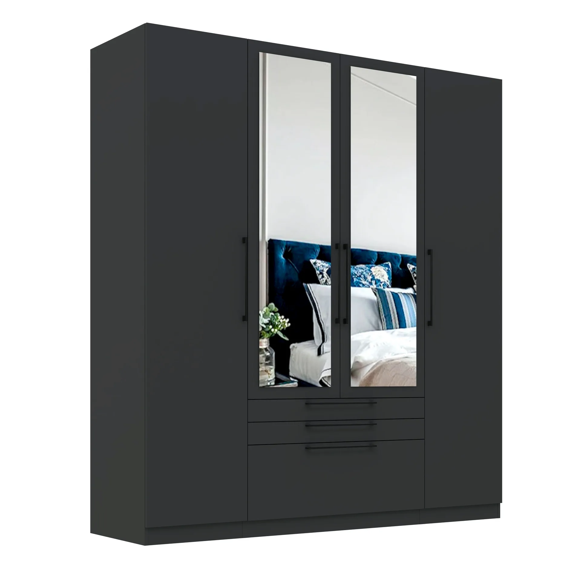 Sorrento Anthracite 4 Door 2 Mirror Wardrobe with 3 Drawers